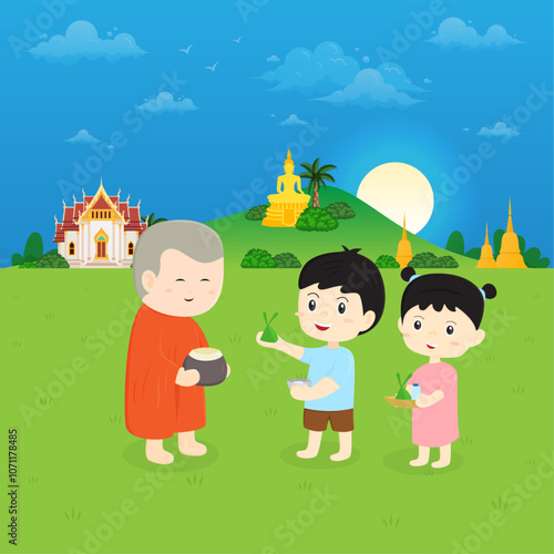 The family are making merit by giving alms to monks cartoon illustration design