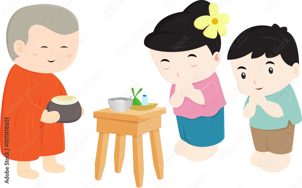 The family is making merit by giving alms to monks cartoon illustration design The family is making merit by giving alms to monks cartoon illustration design