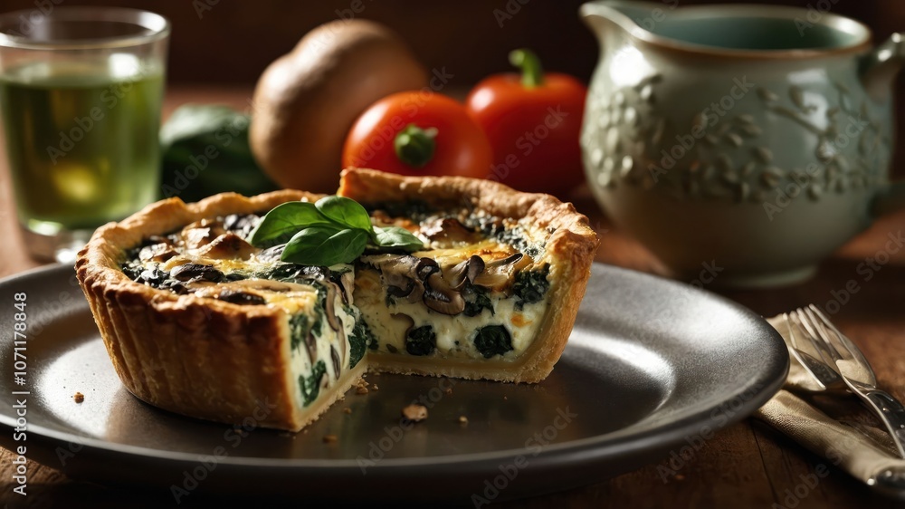 A delicious spinach and mushroom quiche served on a plate with fresh ingredients nearby. A delicious spinach and mushroom quiche served on a plate with fresh ingredients nearby.