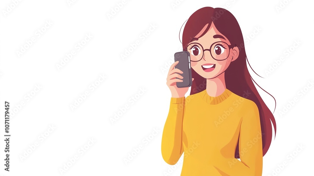 A woman talking on a mobile phone against a clean white background, engaged in a conversation with a relaxed expression. The image highlights her communication and connection with others A woman talking on a mobile phone against a clean white background, engaged in a conversation with a relaxed expression. The image highlights her communication and connection with others