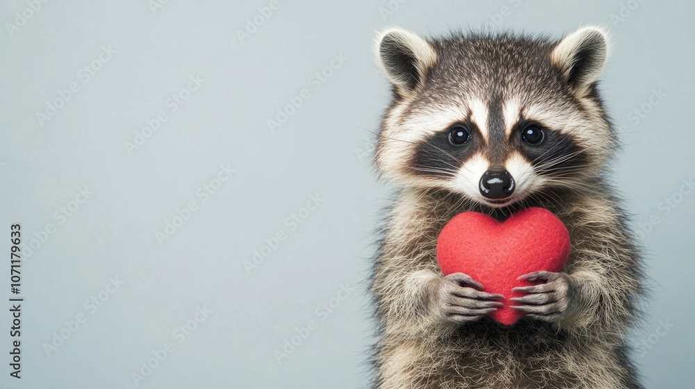 Obraz premium Cute raccoon holding a red heart.