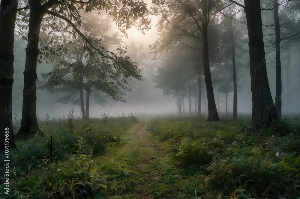 Fototapeta premium fog in the middle of the forest with high quality 8k resolution