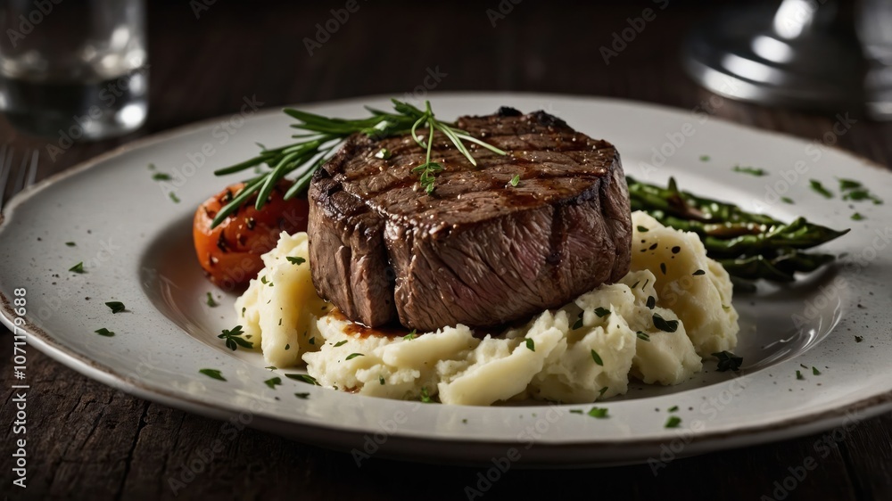 A gourmet dish featuring grilled steak, mashed potatoes, and vegetables on a plate. A gourmet dish featuring grilled steak, mashed potatoes, and vegetables on a plate.