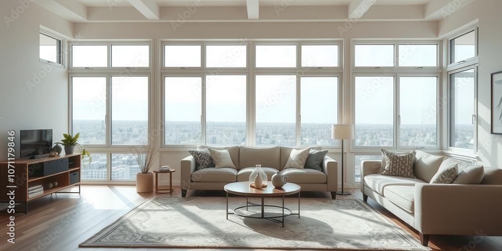 Fototapeta premium A cozy living room with a neutral color palette, plush couches, a decorative rug, and a large window letting in natural light, large window, living room, rug