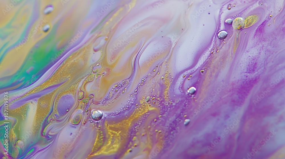 Abstract close-up of liquid bubbles in an iridescent soap film, with vibrant colors shifting through purples, greens, and golds. The bubbles vary in size, creating an organic geometric pattern Abstract close-up of liquid bubbles in an iridescent soap film, with vibrant colors shifting through purples, greens, and golds. The bubbles vary in size, creating an organic geometric pattern