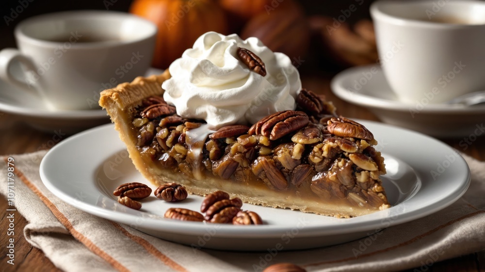 A slice of pecan pie topped with whipped cream, served on a plate with coffee cups in the background. A slice of pecan pie topped with whipped cream, served on a plate with coffee cups in the background.