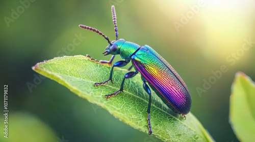 Colorful iridescent beetle resting on a green leaf with a soft blurred background.