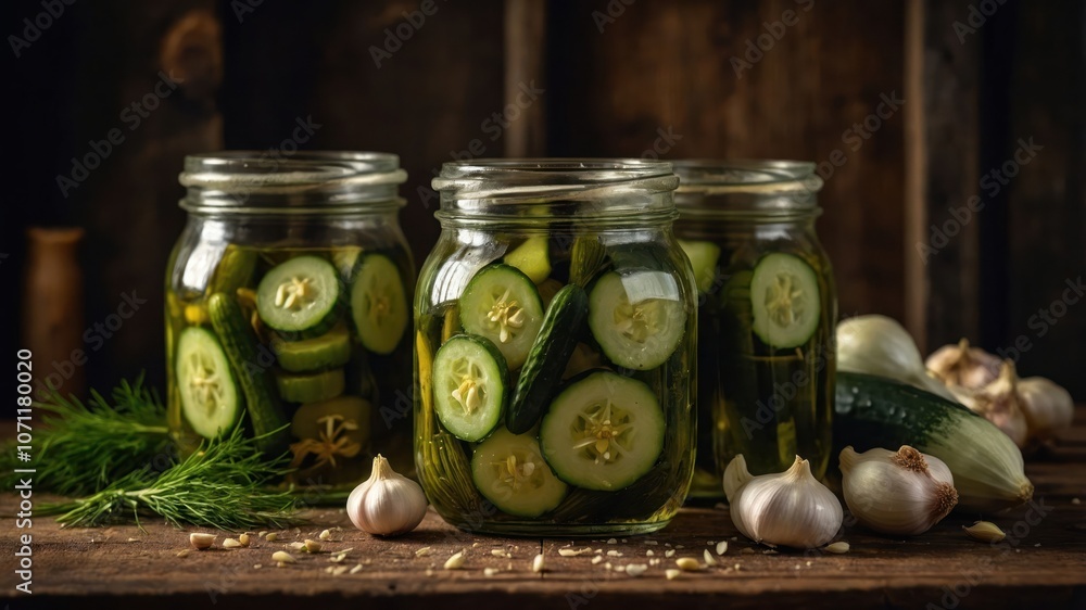 Jars of pickled cucumbers with garlic and herbs on a rustic wooden surface. Jars of pickled cucumbers with garlic and herbs on a rustic wooden surface.