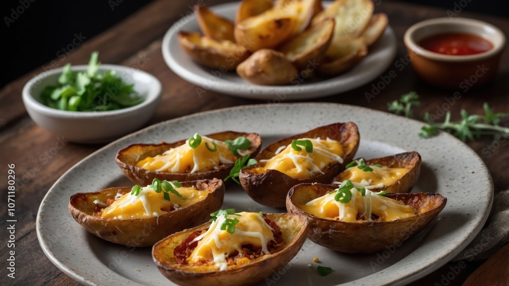 Baked potato halves topped with cheese and green onions, served with potato wedges and sauce. Baked potato halves topped with cheese and green onions, served with potato wedges and sauce.