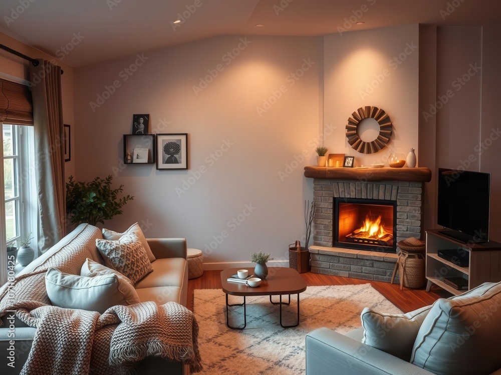 Fototapeta premium A cozy living room with warm lighting, plush furniture, and a crackling fireplace, home decor, layout, lighting