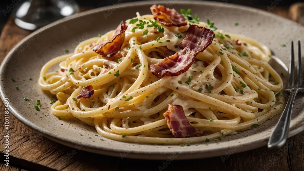 A plate of creamy pasta topped with crispy bacon and chives, served elegantly. A plate of creamy pasta topped with crispy bacon and chives, served elegantly.