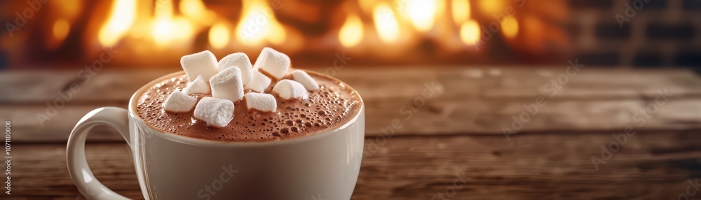 Delicious hot chocolate topped with marshmallows in a cozy setting by a warm fireplace. Delicious hot chocolate topped with marshmallows in a cozy setting by a warm fireplace.
