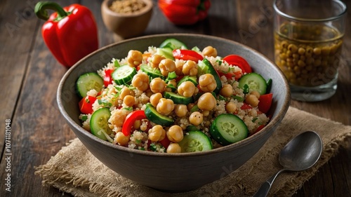 A vibrant bowl of couscous salad with chickpeas, vegetables, and dressing.