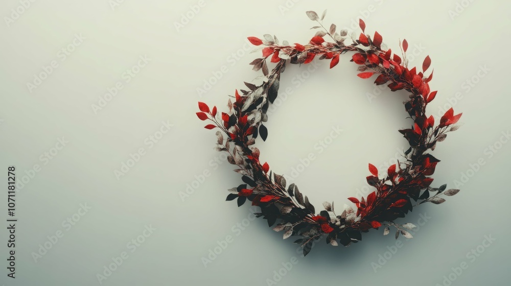 Red and green leaf wreath on a white background. Red and green leaf wreath on a white background.