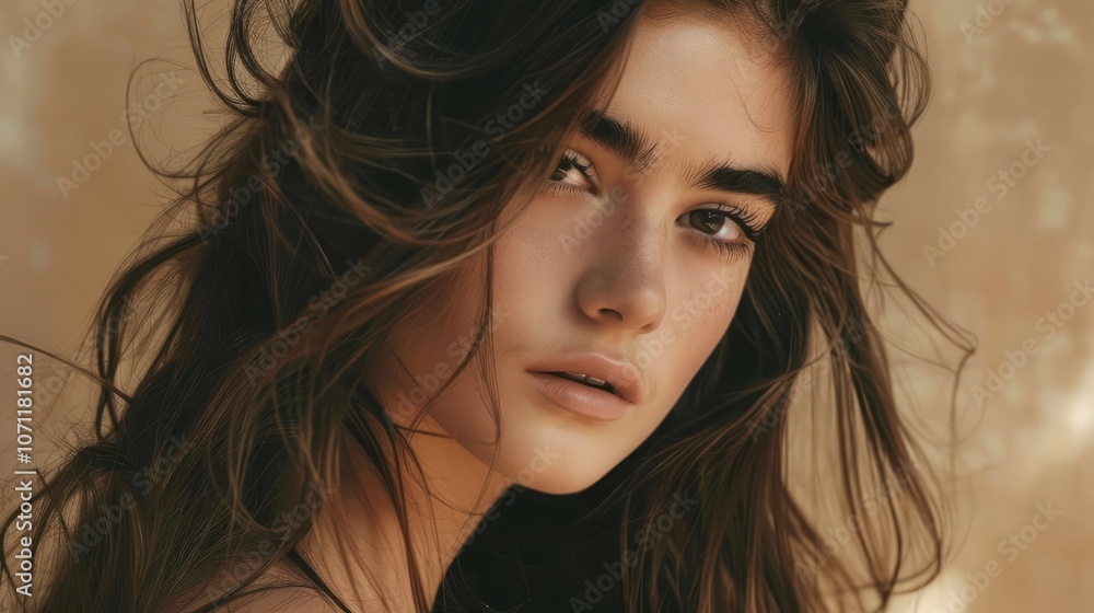 Naklejka premium Portrait of a confident woman, with thick, wavy black hair and subtle makeup, against a neutral background 