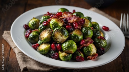 A vibrant dish of Brussels sprouts with cranberries and bacon, perfect for festive occasions.