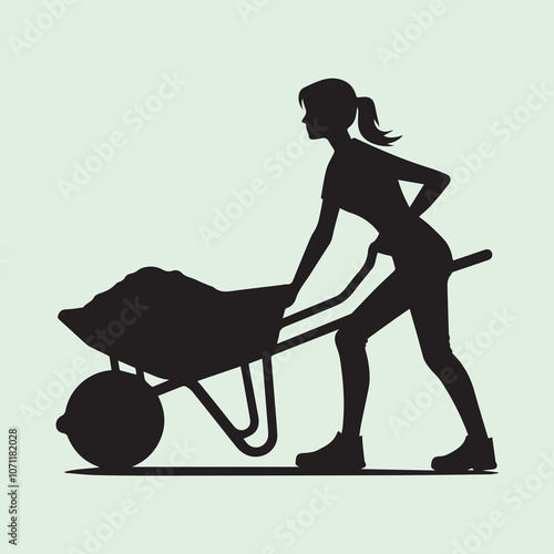 Worker Pushing Wheelbarrow logo vector, Worker Pushing Wheelbarrow silhouette vector icon black and white