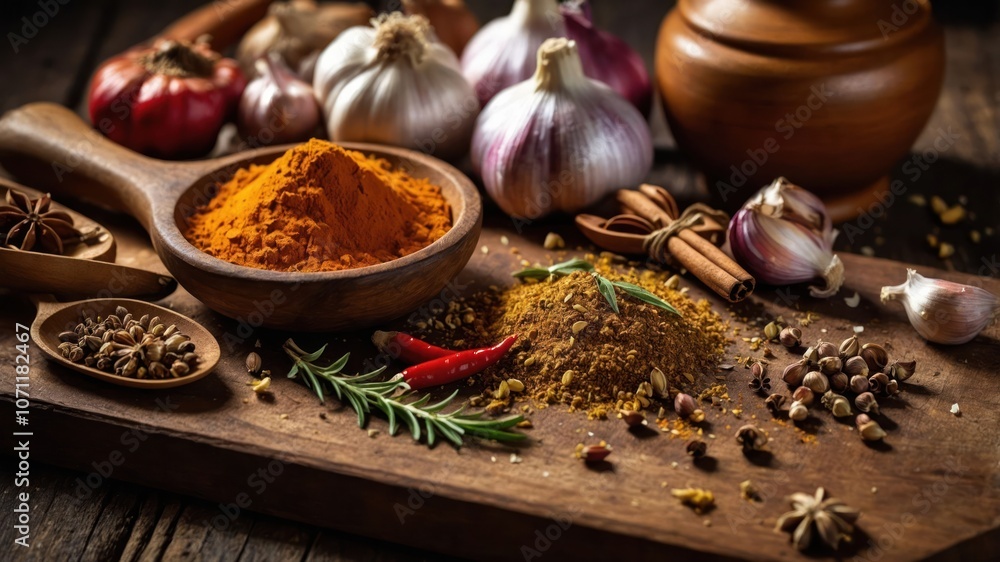 A vibrant collection of spices and herbs on a wooden surface, perfect for cooking. A vibrant collection of spices and herbs on a wooden surface, perfect for cooking.