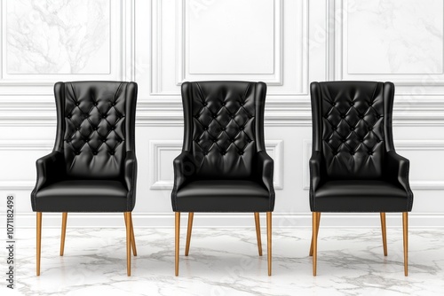 A stylish set of three black tufted chairs with wooden legs, arranged against a classic wall, offering a touch of elegance to any interior. photo