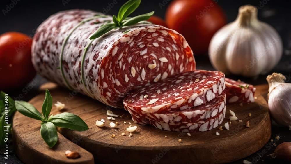 A sliced salami log on a wooden board, surrounded by garlic, tomatoes, and fresh basil. A sliced salami log on a wooden board, surrounded by garlic, tomatoes, and fresh basil.