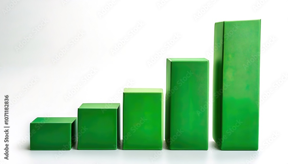 Vertical bar chart or graph with rectangular bars with heights or lengths proportional to the values that they represent. Green arrows getting larger indicate a stock market bull run trajectory Vertical bar chart or graph with rectangular bars with heights or lengths proportional to the values that they represent. Green arrows getting larger indicate a stock market bull run trajectory