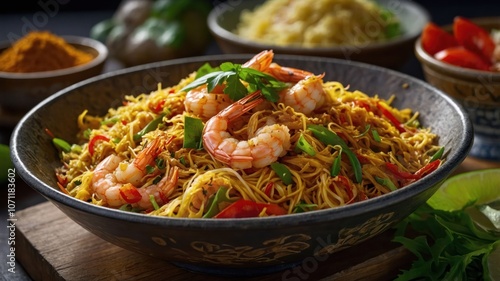 A vibrant bowl of shrimp noodles garnished with herbs, surrounded by ingredients.