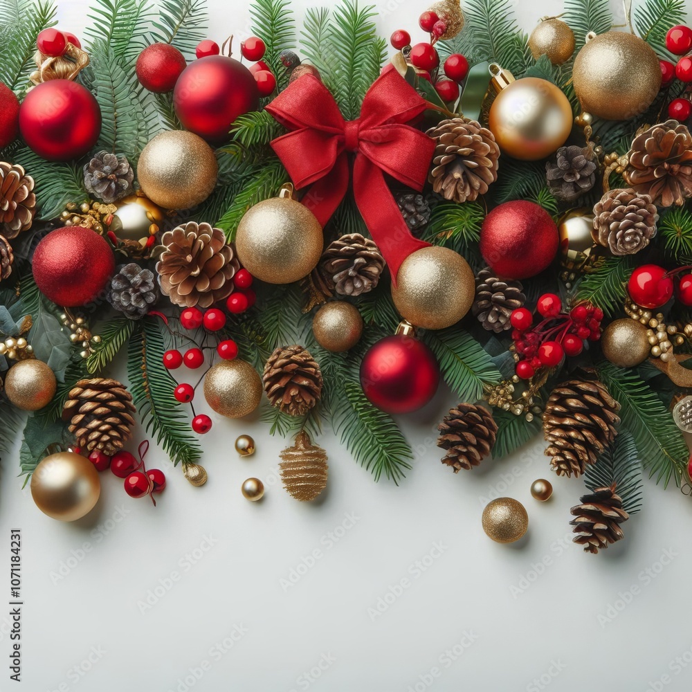 Christmas tree decorations on a red background with gold ornaments, star, and festive holiday details, creating a seasonal atmosphere for the new year, copy space Christmas tree decorations on a red background with gold ornaments, star, and festive holiday details, creating a seasonal atmosphere for the new year, copy space