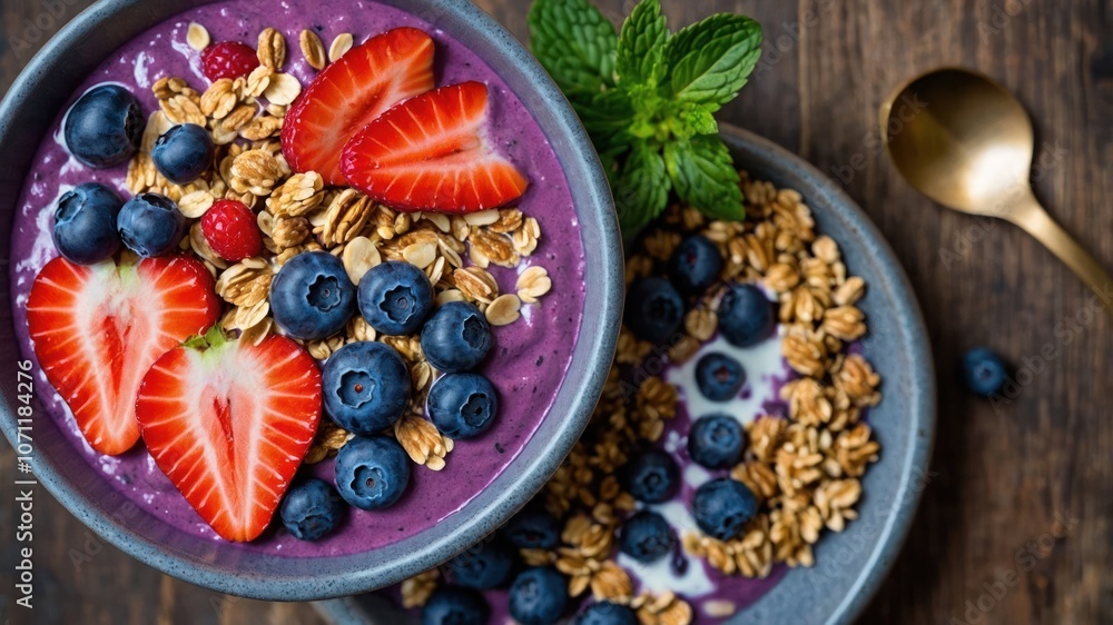 A colorful smoothie bowl topped with granola, berries, and mint, perfect for a healthy breakfast. A colorful smoothie bowl topped with granola, berries, and mint, perfect for a healthy breakfast.
