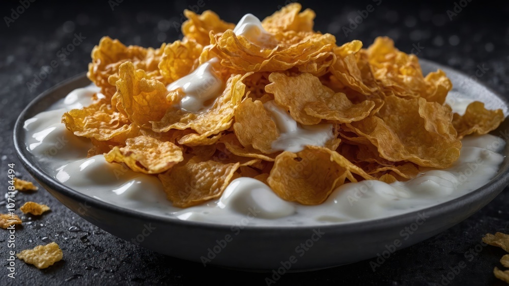 A bowl of corn flakes topped with yogurt, showcasing a simple breakfast option. A bowl of corn flakes topped with yogurt, showcasing a simple breakfast option.
