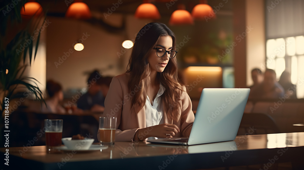 Young Professional Woman Working Remotely in a Modern Cafe Young Professional Woman Working Remotely in a Modern Cafe