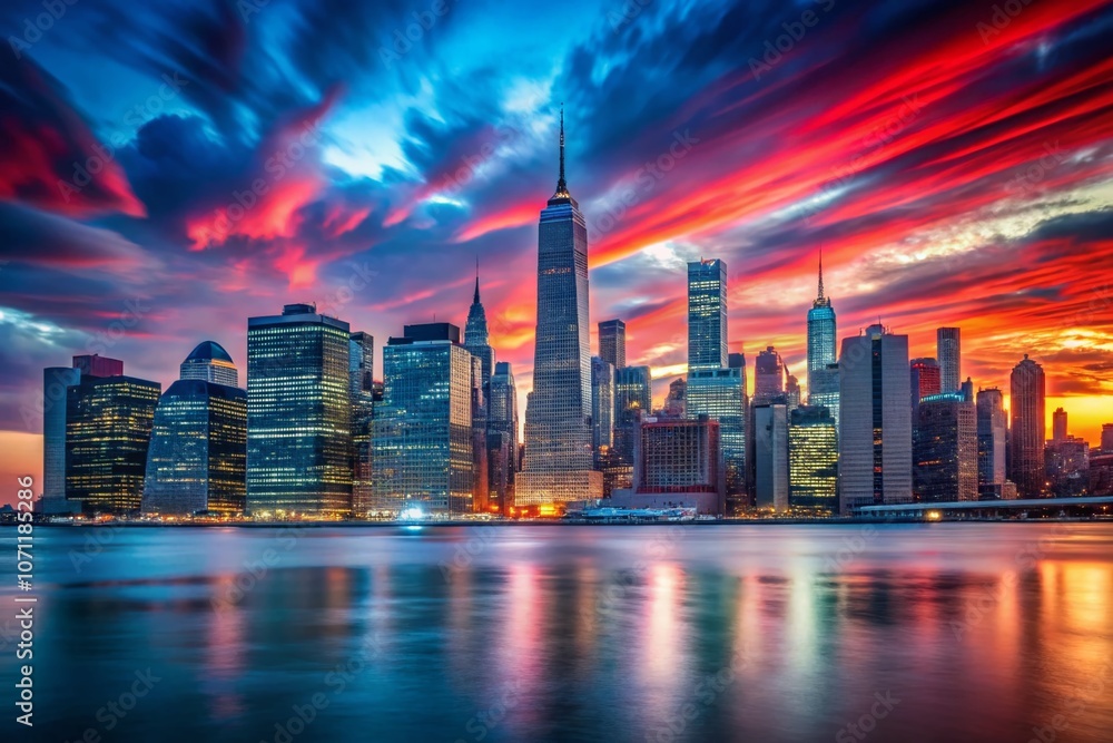 Stunning Long Exposure of New York City Skyline Silhouettes with Vibrant Red and Blue Sky Backgrounds in Manhattan, Capturing the Essence of Urban Beauty at Dusk Stunning Long Exposure of New York City Skyline Silhouettes with Vibrant Red and Blue Sky Backgrounds in Manhattan, Capturing the Essence of Urban Beauty at Dusk