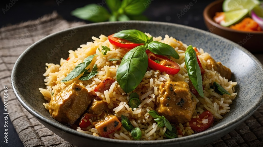 A delicious bowl of rice with vegetables and herbs, showcasing vibrant colors and textures. A delicious bowl of rice with vegetables and herbs, showcasing vibrant colors and textures.