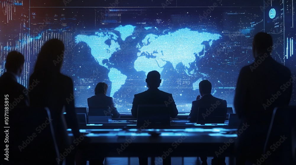 Innovative business meeting with a holographic display showing global financial trends, futuristic and dynamic Innovative business meeting with a holographic display showing global financial trends, futuristic and dynamic