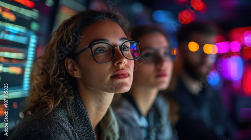 A focused group of young professionals engaged in a tech environment, illuminated by colorful screens, showcasing deep concentration and teamwork.