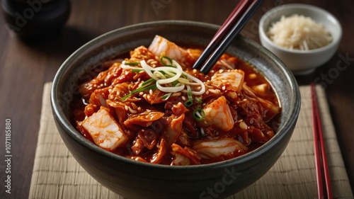 A bowl of spicy kimchi stew garnished with green onions, served with a side of rice.