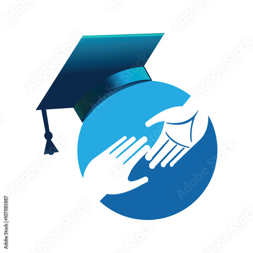A logo of helping hand on a round shape with a toga hat above it