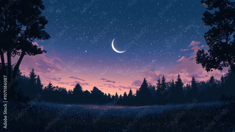 Fototapeta premium A crescent moon hangs in a starry night sky over a forest.