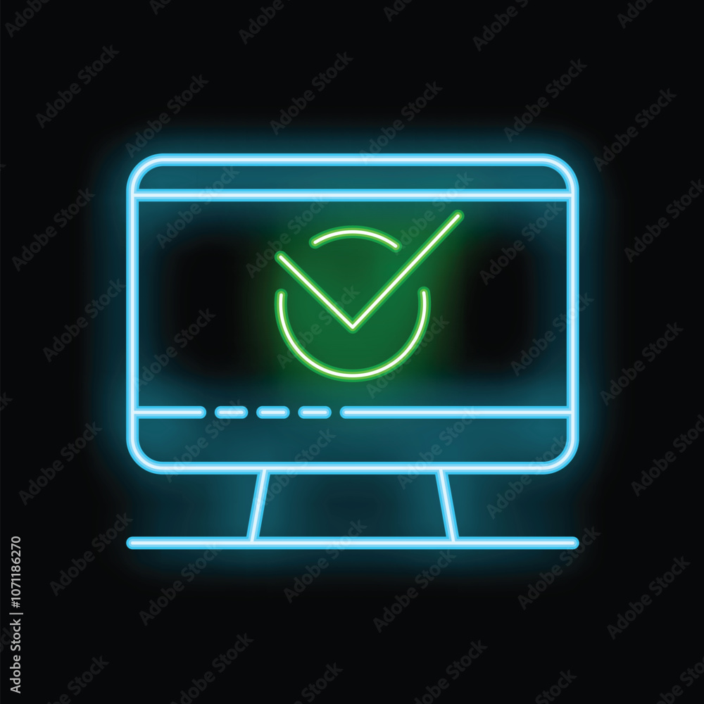 Neon glowing icon of a green tick inside a monitor, symbolizing a successful operation or task completion Neon glowing icon of a green tick inside a monitor, symbolizing a successful operation or task completion