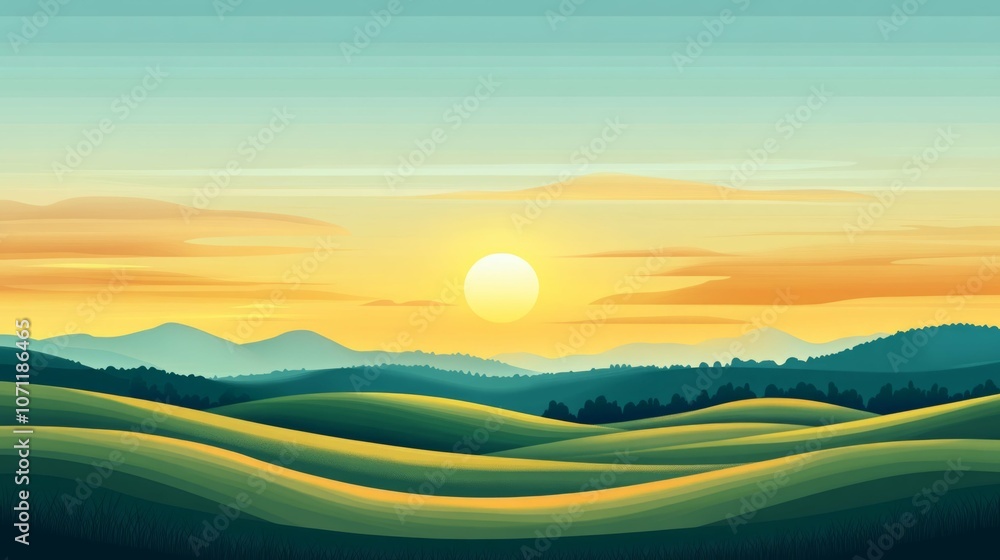 A vibrant sunset paints the sky above rolling green hills. A vibrant sunset paints the sky above rolling green hills.