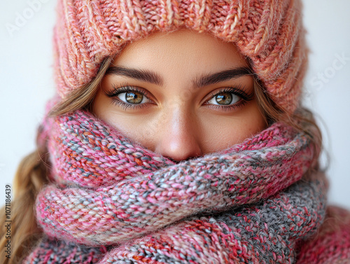 Warm winter portrait of woman with knitted hat and scarf photo