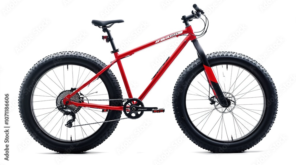 Fototapeta premium A simple and sleek bicycle isolated on a clean white background, emphasizing its modern design and streamlined structure. The focus is on the bicycle's frame, wheels, and handlebar details, 