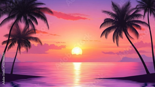 Silhouettes of palm trees frame a vibrant sunset over the ocean.