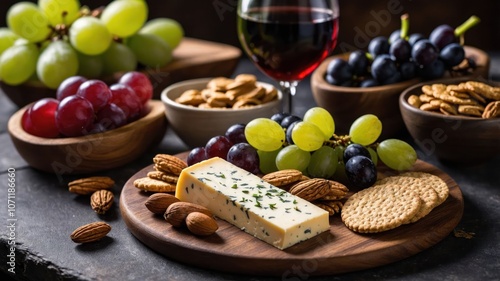 A gourmet snack platter featuring cheese, grapes, nuts, and wine for a delightful gathering.