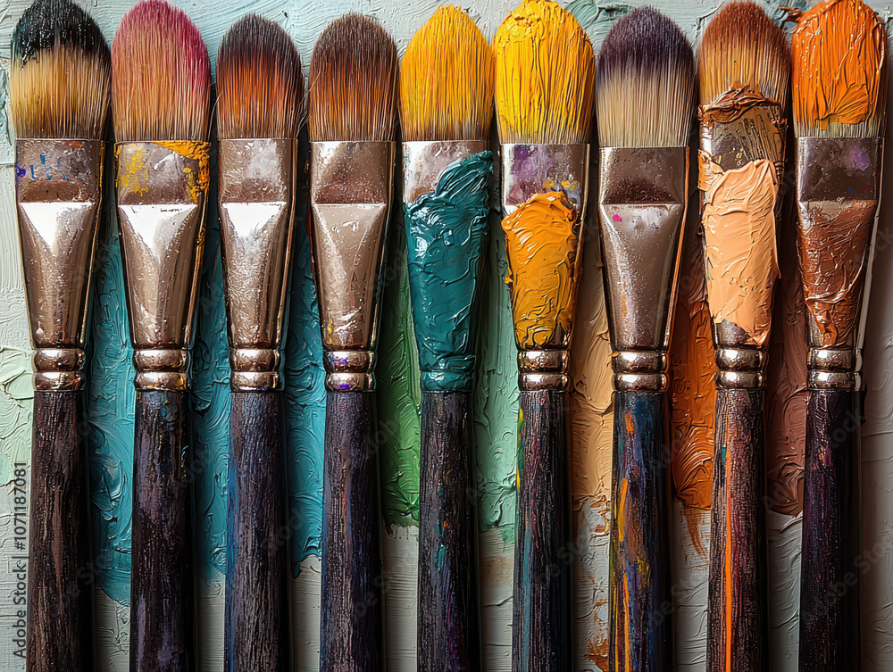 Fototapeta premium Artistic paintbrushes with vibrant colors on textured background