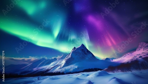 冬の夜空に舞うオーロラと静かな雪山—幻想的な冬の風景