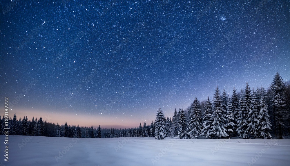 Fototapeta premium 雪に覆われた森と星瞬く冬の夜—神秘的な星明かりの風景