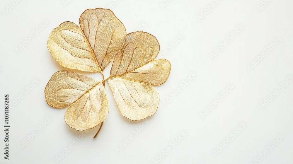 Gold clover leaf with delicate details, isolated on a clean white background, representing luck Gold clover leaf with delicate details, isolated on a clean white background, representing luck