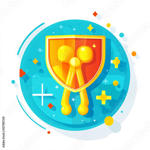 A vibrant, colorful graphic featuring a stylized shield with two crossed sticks, set against a bright blue background with decorative elements. photo