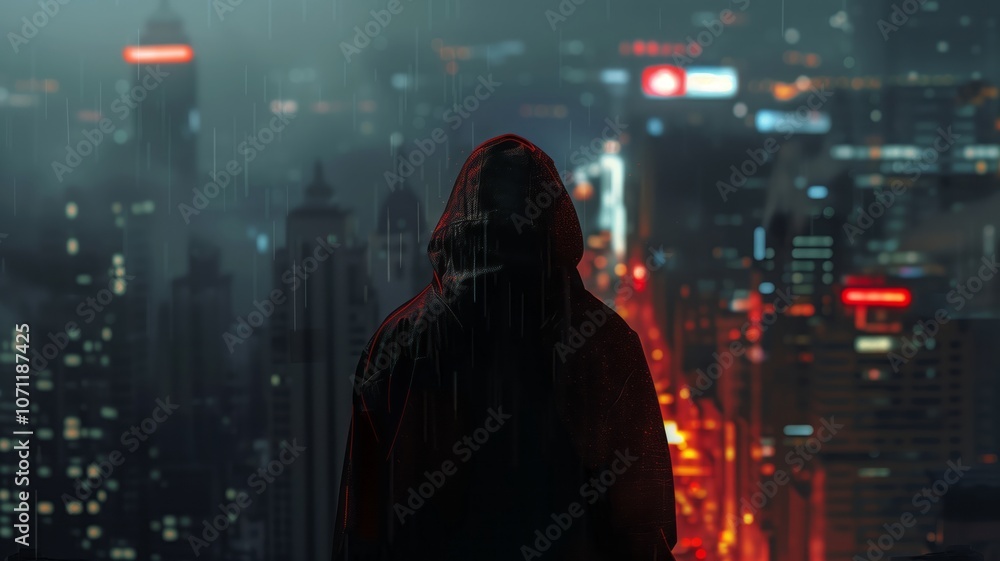 A hooded figure standing in the rain against a dark, illuminated cityscape at night A hooded figure standing in the rain against a dark, illuminated cityscape at night
