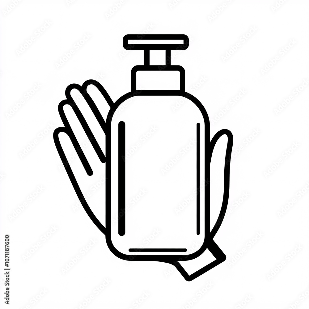 A minimalist black and white illustration of a hand holding a lotion pump bottle. A minimalist black and white illustration of a hand holding a lotion pump bottle.